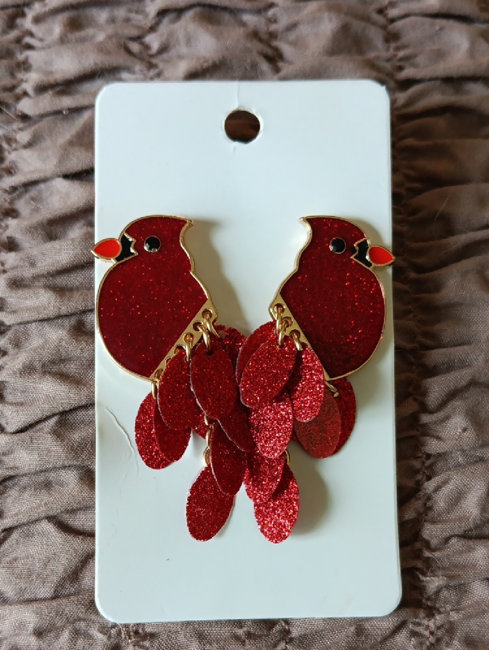 Red Glitter Cardinal Dangle Pierced Earrings.  2"L X 3/4"W